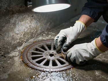 Close-up of a drain cover being cleared by a gloved technician in workwear, wet concrete surround, clinical overhead light, task in progress