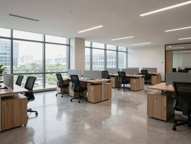Panoramic view of a freshly cleaned open-plan commercial office, polished floor, tidy workstations, natural daylight from floor-to-ceiling windows, empty and ready