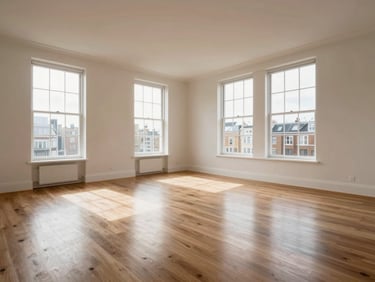 Wide environmental shot of an empty, freshly prepared London rental apartment — polished wooden floors, clean skirting boards, natural daylight from large windows, no occupants, clinical clarity showing the space ready for viewing