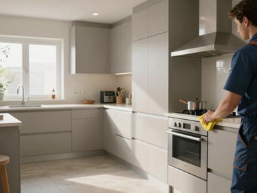 Wide shot of a spotless empty kitchen in a residential flat, professional workwear visible at the edge of frame, natural light, all surfaces wiped and ordered