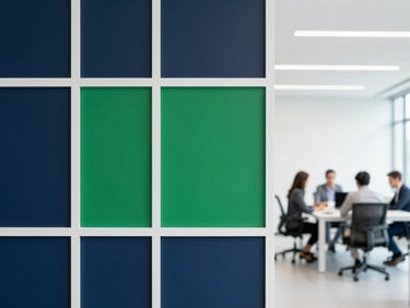 Clean architectural details of a modern bright office with professionals working in the background, cool daylight, sharp focus, 35mm