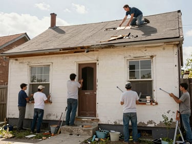 Community volunteers actively restoring a dilapidated urban house, diverse group, bright daylight, warm gritty tones, tools visible