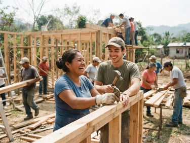 Diverse community members actively building a house together, laughing, under bright natural daylight, tools visible, warm gritty tones, authentic documentary photography, shallow depth of field.