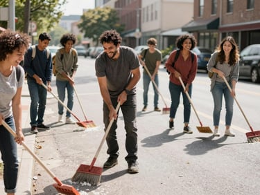 Diverse group of community members sweeping and cleaning a city street, laughing, bright daylight, candid action, warm gritty tones