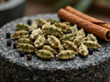 Tight shot of raw cardamom pods, black pepper, and cinnamon bark on a dark granite grinding stone, shallow depth of field