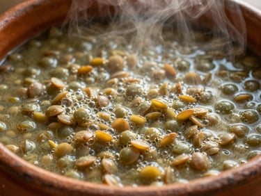 Macro shot of rich, bubbling lentil stew inside a textured terracotta pot, soft morning light, warm steam rising