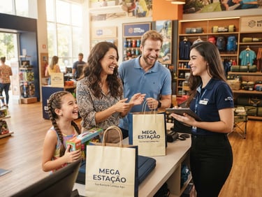 Família feliz interagindo com a equipe Mega Estação dentro de uma loja moderna e iluminada, sacolas personalizadas visíveis, foco na interação, estilo de fotografia comercial brilhante.