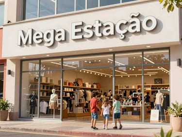 Fachada moderna e convidativa da loja Mega Estação com boa iluminação e letreiro visível, em um dia ensolarado