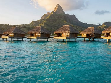 Overwater bungalow in Bora Bora at golden hour, crystal clear turquoise water, warm editorial travel photography, rich saturated blues and golds, shallow depth of field, 35mm
