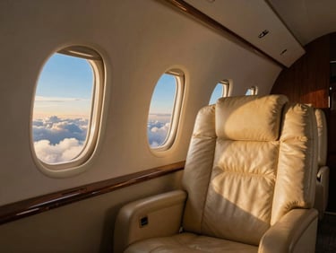 Luxury private jet interior, leather seats, window view of clouds, golden hour light, 35mm