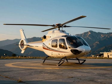 Luxury helicopter preparing for takeoff on a private helipad, scenic mountain backdrop, golden hour light, 35mm