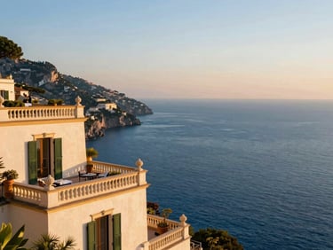 Luxury villa on the Amalfi Coast at golden hour, overlooking the Mediterranean Sea, warm editorial travel photography, rich saturated blues and golds, shallow depth of field, 35mm