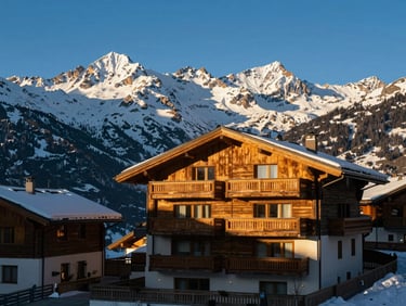 Modern luxury chalet in the Swiss Alps, snow-capped peaks, high-contrast architectural shadows, wide environmental shot.