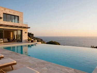Luxury villa with infinity pool overlooking the Mediterranean Sea at golden hour, architectural details, soft natural light, wide environmental shot.