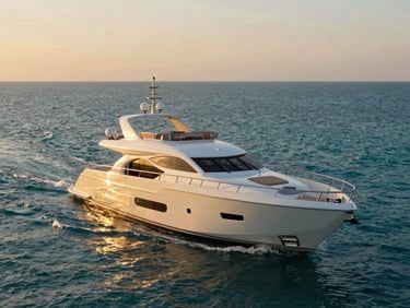 Sleek superyacht cruising on calm turquoise waters at sunset, luxury deck furniture, golden hour light, 35mm