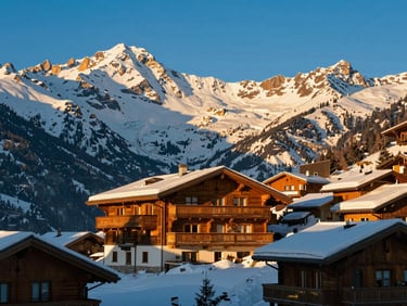 Pristine alpine chalet in Courchevel at golden hour, surrounded by snow-capped mountains, warm editorial travel photography, rich saturated blues and golds, shallow depth of field, 35mm