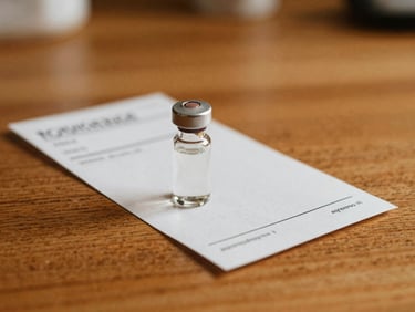 Close-up of a small glass medicine bottle and a prescription slip on a warm wooden surface, gentle indoor light, respectful framing