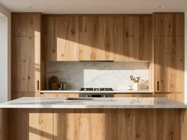 Architectural photograph of a modern residential kitchen, premium oak cabinetry, white marble countertops, soft Mediterranean morning sunlight, focus on material quality