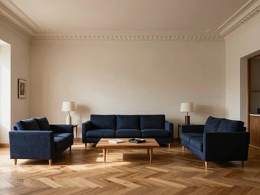 Elegant living room interior in Valencia, high ceilings with original plaster moldings, warm oak herringbone flooring, minimalist design, soft morning light, editorial architectural photography
