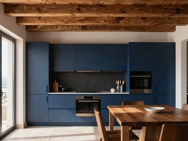 Modern kitchen and dining area in a Valencia penthouse, exposed wooden ceiling beams, matte navy cabinetry, matte black finishes, soft afternoon sun, editorial 35mm