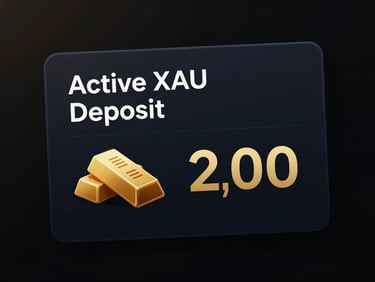 High-fidelity UI dashboard card showing 'Active XAU Deposit' with a gold bar icon and a numerical value, dark mode, metallic gold accents, clean typography.