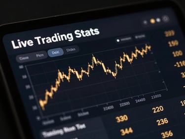 High-fidelity UI dashboard card showing 'Live Trading Stats' with a candlestick chart and key performance indicators, dark mode, metallic gold accents, clean typography.