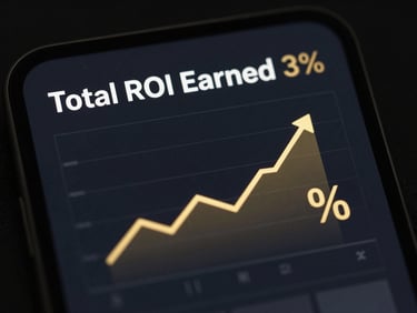 High-fidelity UI dashboard card showing 'Total ROI Earned' with a trending-up graph and a percentage value, dark mode, metallic gold accents, clean typography.