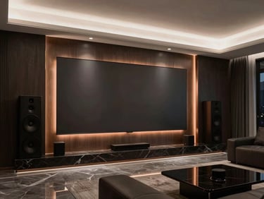 Luxury modern living room with hidden architectural speakers, soft ambient lighting, elegant interior design, 35mm.