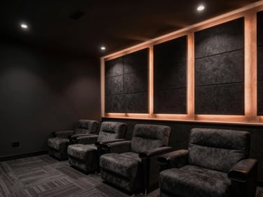 A wide-angle architectural photograph of a luxury private cinema in Coimbatore, featuring integrated acoustic wall panels in deep charcoal, soft warm copper LED lighting casting a low-key ambient glow, and plush minimalist seating, 35mm