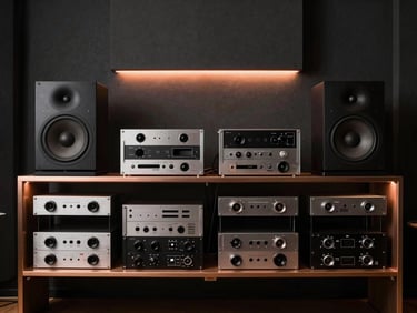 Minimalist high-fidelity listening room with clean equipment racks, brushed aluminum components, warm copper accent lighting, 35mm.