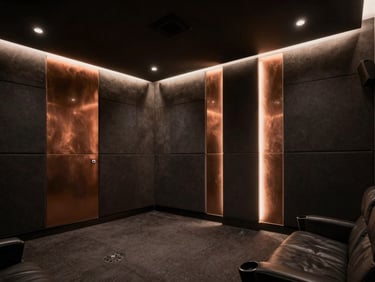 Low-key dramatic photo of a private cinema room in Coimbatore, integrated acoustic panels, warm LED lighting, premium materials, 35mm.