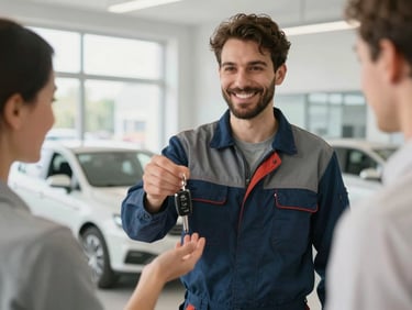 Eye-level medium shot of a friendly mechanic handing over car keys to a customer in a bright, clean Viennese dealership office, natural light