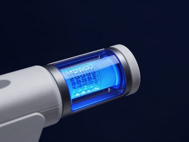 Sleek medical technology photography, macro close-up of a 3D CBCT imaging sensor glowing with blue light against a dark navy background, sharp focus, 50mm.