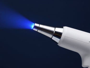 Close-up of a sleek intraoral scanner tip glowing with sharp blue light, dark navy background, high-contrast digital medical photography, 50mm.