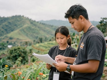 An environmental shot of a volunteer and a young Naga student reviewing agricultural plans outdoors under diffused daylight, lush green hills in background.