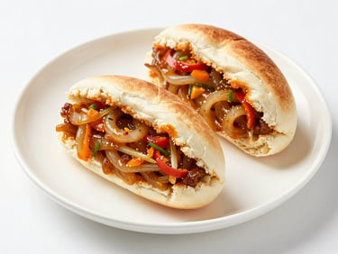 Vibrant food photography of a freshly sliced warm bun maska on a minimalist white ceramic plate.