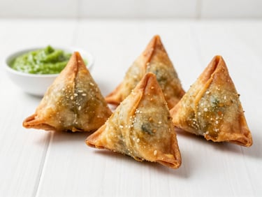 Vibrant close-up of golden, crisp samosas on a clean white table with green chutney.