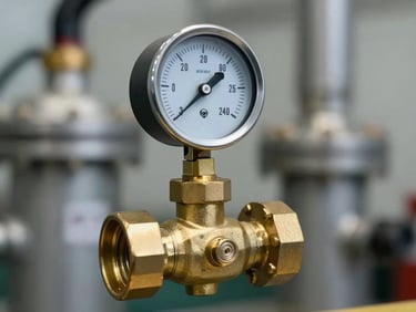 Macro close-up of a heavy-duty brass safety valve with a pressure gauge, cool-toned indoor utility lighting, sharp focus on mechanical details, clean-agent suppression system background.