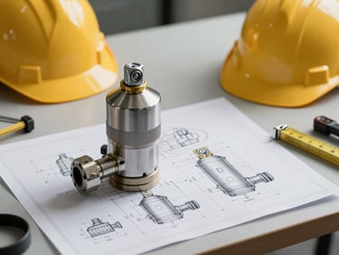 An engineering drawing of a fire sprinkler system laid out on a table, with a hard hat and measuring tools nearby