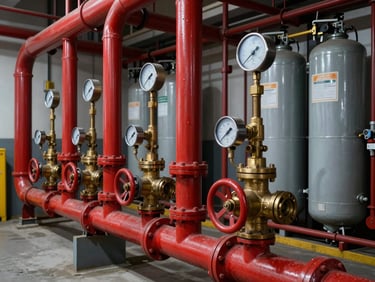 Crisp industrial daylight photo of a complex fire pump room with red piping, brass valves, pressure gauges, and clean-agent tanks.