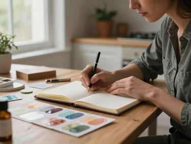 Close-up environmental shot of a woman working at a kitchen table covered with product samples and a notebook, natural daylight through a window, modest home interior, focused and calm