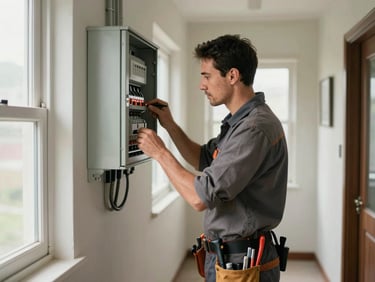 Medium shot of a man in work clothes checking an electrical panel inside a modest home hallway, natural window light from the side, tools visible in his belt, authentic working context