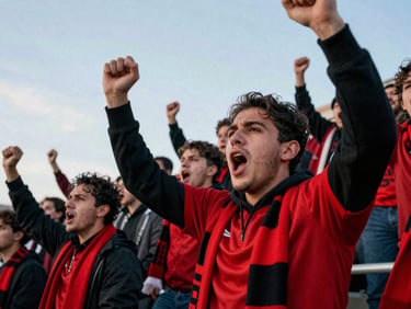 Close-up of a passionate neighborhood football fan cheering in the stands, wearing a red and black scarf, high-contrast daylight.