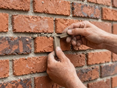 Close-up of a skilled mason's hands carefully tuckpointing a weathered brick wall, natural daylight, sharp focus on the new mortar and brick texture, warm terracotta tones, 35mm