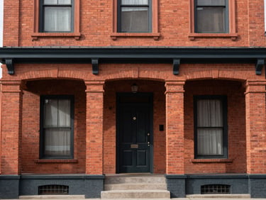 Wide shot of a beautifully restored historic Utah home facade, showcasing preserved brickwork and architectural details, natural daylight, warm terracotta and charcoal tones, 35mm