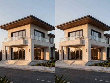 Side-by-side comparison image: left side shows a hyper-realistic 3D render of a luxury villa exterior at golden hour, right side shows the actual constructed villa from the same angle, highlighting identical details and materials.