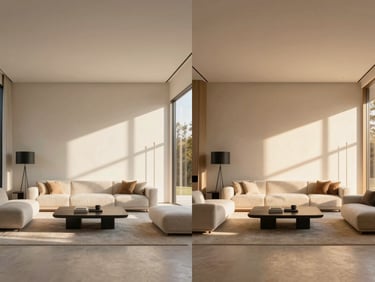 Side-by-side comparison image: left side shows a photorealistic 3D render of a minimalist luxury interior, right side shows the actual built interior space with identical furniture and finishes, soft daylight.