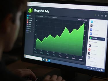 Moody dark-mode close-up of a student analyzing active Shopify and Meta Ads dashboards with bright neon green positive trend lines, cinematic depth of field