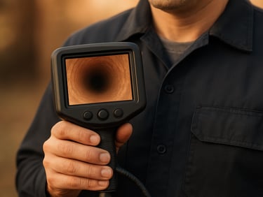 A technician in a neat dark uniform holding a professional diagnostic camera screen showing a clean flue interior, soft overcast daylight