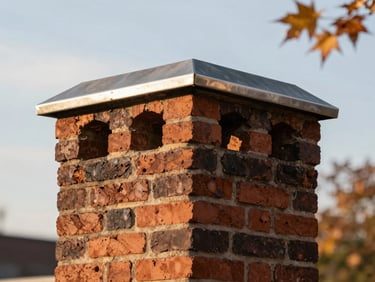 Exterior shot of a beautifully restored brick chimney crown with a new custom stainless steel cap against a crisp autumn sky, warm daylight